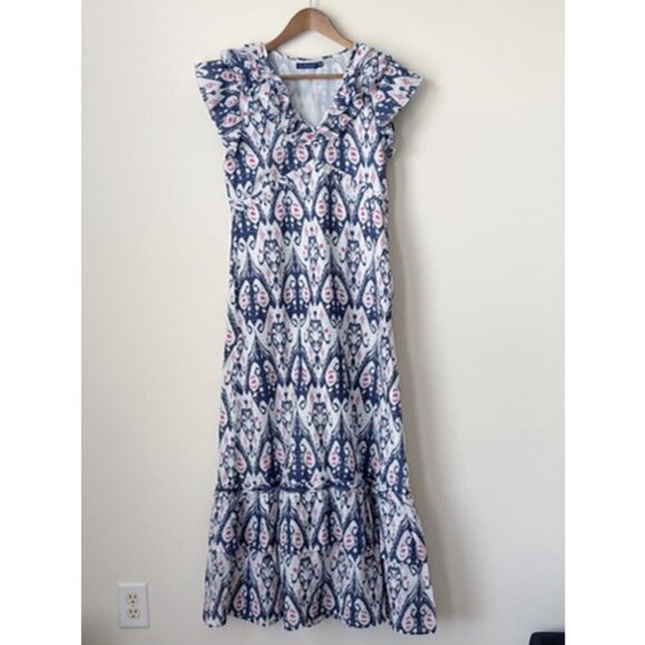 La Plage Sarah Ikat Print Maxi Dress XS Ruffle Navy Fuchsia - Picture 9 of 9